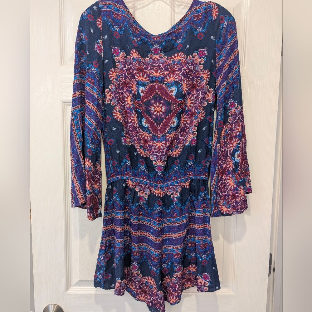 American Eagle Purple Wrap Boho Shorts Floral Romper Dress Sz S Witchy Whimsigot - Picture 7 of 9
